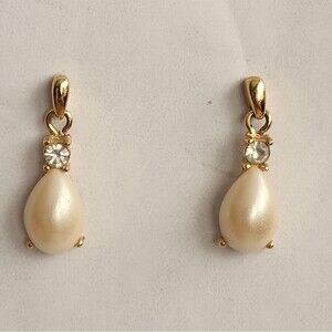 Elegant Gold and Cream Pearl Drop Earrings, 1"